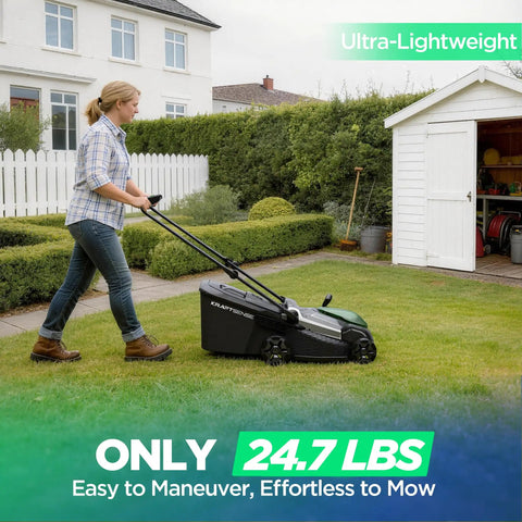 Woman using 18 Inch Electric Cordless Lawn Mower With 40V Battery Pack, Brushless Motor, 2x5.0Ah, Dual Function Mulching And Bagging, 6 Height Positions, Gas Like Power Without The Fumes For Small To Medium Yards in backyard