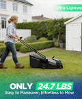 18 Inch 40V Cordless Lawn Mower With Brushless Motor Delivers Gas Like Cuts For Real Mulch Or Bag Six Easy Height Settings Dual 5Ah Batteries Included Quiet Low Maintenance For Small To Medium Yards, woman mowing lawn