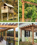 Outdoor wood structures featuring pergolas and beams supported by Beefy Heavy Duty Internal Mount 45 Degree Angle Brackets Pack of 8