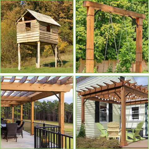 Outdoor wood structures featuring pergolas and beams supported by Beefy Heavy Duty Internal Mount 45 Degree Angle Brackets Pack of 8