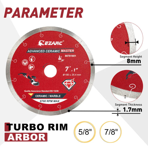 Seven Inch Diamond Saw Blade For Ceramic And Porcelain Tile Wet Cutting Advanced Ceramic Diamond Technology with size details