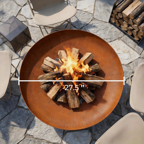 Heavy Duty 27.5 Inch Round Wood Burning Fire Pit For Outdoor Use Steel Bonfire Pit With Oxidized Finish on patio