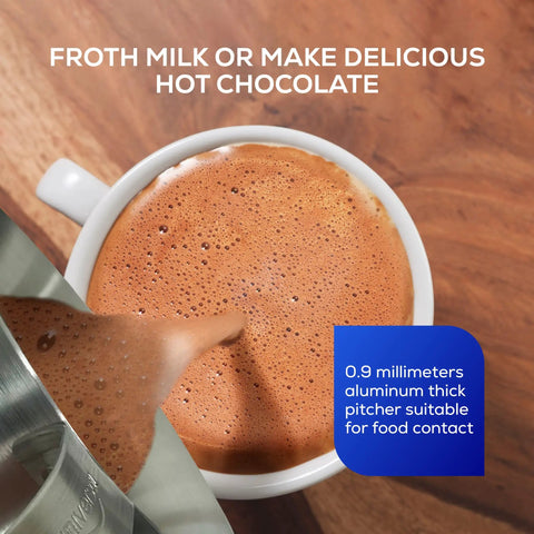 Pouring hot chocolate from 2.1 Qt Aluminum Chocolatera Hot Chocolate Maker And Frothing Pitcher For Coffee Milk And Beverages