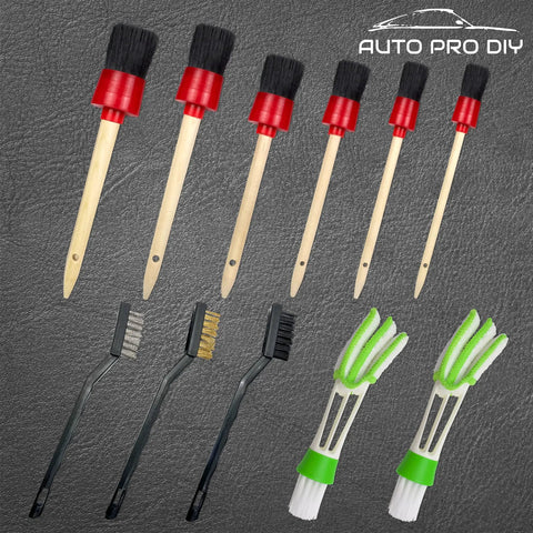 11 Piece Car Detailing Kit For Wheels Exterior And Interior Cleaning With Boar Hair Brushes and Stainless Steel Wire Tools
