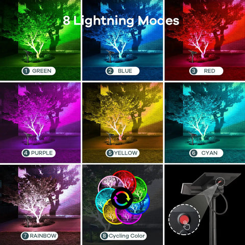Lit Up Color Changing Solar Spot Lights Outdoor 54 LEDs RGB IP67 Waterproof Garden Path Lights 130 Degree Flood Beam With Two Modes 2 Pack Yard Decor For Halloween Ambience showing 8 lighting modes in various colors.
