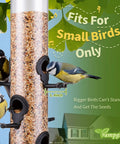 Bird feeder with small openings for small birds like blue tits, hanging outside a house; text: 'Fits for Small Birds Only'.