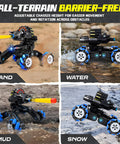 Gesture Sensing RC Tank That Shoots demonstrating all-terrain capability on land, water, mud, and snow, with LED lights