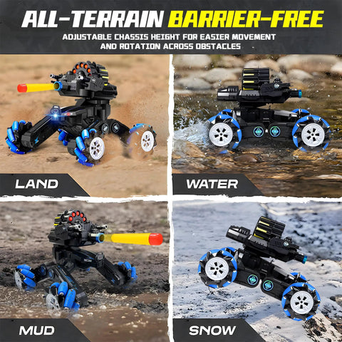 Gesture Sensing RC Tank That Shoots demonstrating all-terrain capability on land, water, mud, and snow, with LED lights