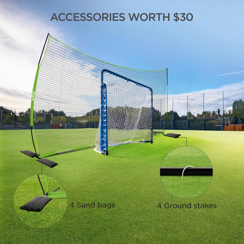 Backstop Net 20 Feet By 10 Feet For Lacrosse And Soccer Backyard Sports Barrier Netting with ball stop, sand bags, ground stakes
