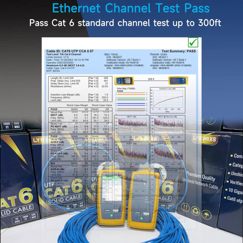 Pass test Cat6 Ethernet Cable 1000 Ft Blue For Fast Home And Office Network 550 MHz 10G Support displayed with cable and tools