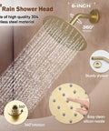 Fresh Gold Tub And Shower Faucet Fixture Set Featuring Dope Six Inch Rain Shower Head Plus Top Shelf Solid Brass Valves For Slick Bathroom Upgrades And Easy DIY Installations, 6-inch stainless steel rain shower head.