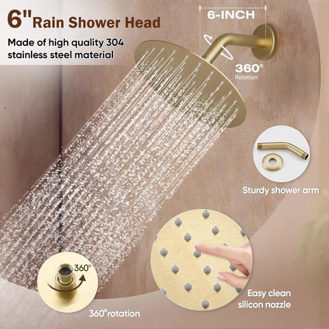 Fresh Gold Tub And Shower Faucet Fixture Set Featuring Dope Six Inch Rain Shower Head Plus Top Shelf Solid Brass Valves For Slick Bathroom Upgrades And Easy DIY Installations, 6-inch stainless steel rain shower head.