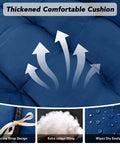 Close-up of thickened dark blue cushion with secure strap design for Two Seater Wicker Hanging Egg Chair With Stand 700 Lb Capacity Indoor Outdoor Double Swing Hammock For Patio Garden Porch Living Room Bedroom Dark Blue Cozy Relaxed Vibe.