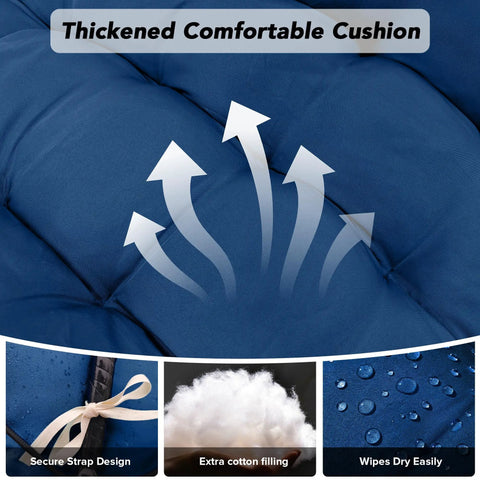 Close-up of thickened dark blue cushion with secure strap design for Two Seater Wicker Hanging Egg Chair With Stand 700 Lb Capacity Indoor Outdoor Double Swing Hammock For Patio Garden Porch Living Room Bedroom Dark Blue Cozy Relaxed Vibe.