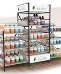 Display shelves of Purely Holistic supplements at a store, featuring various bottles of health support products.