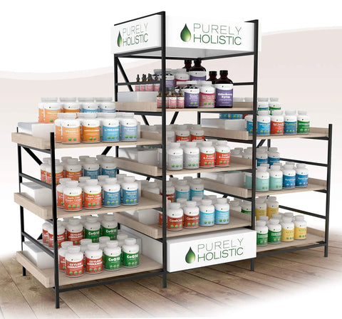 Display shelves of Purely Holistic supplements at a store, featuring various bottles of health support products.
