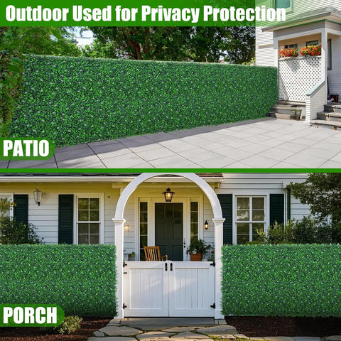 Installed 48 By 120 Inch Grass Wall Panels Set Realistic Artificial Grass Backdrop With Flower Vines on patio and porch