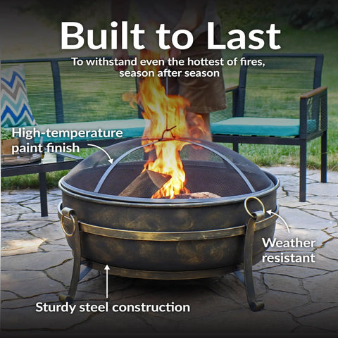 Outdoor 34 Inch Wood Burning Fire Pit Bowl With Spark Screen, Log Poker, And Grate For Backyard, Patio Or Campground Gatherings