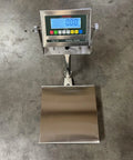 Straight Up 16 By 20 Inch Floor Scale With No Sweat Waterproof Washdown Deck NTEP Legal For Trade Certified 400 Pound Capacity showing stainless steel platform and display.