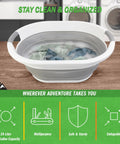 Collapsible Laundry Basket 39L 10.3 Gallon Portable Sink Multipurpose Plastic Bin Hamper Ice Bucket Camping Essential Gear for Outdoor Trips Gray Grab And Go Travel Gear For Outdoor Trips with laundry on a wooden counter