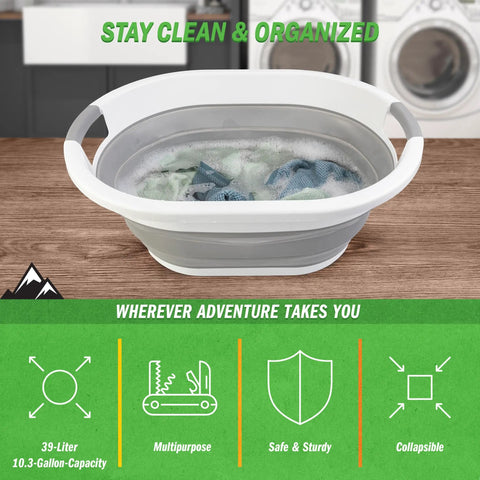 Collapsible Laundry Basket 39L 10.3 Gallon Portable Sink Multipurpose Plastic Bin Hamper Ice Bucket Camping Essential Gear for Outdoor Trips Gray Grab And Go Travel Gear For Outdoor Trips with laundry on a wooden counter