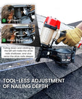 Lightweight Pneumatic Roofing Nailer Designed For Tight Roofs And Daily Grind drives nail depth adjustment, showing rotary adjustment feature on shingles.