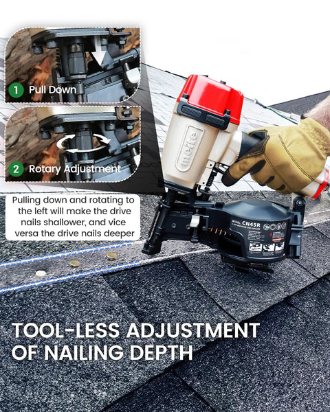 Lightweight Pneumatic Roofing Nailer Designed For Tight Roofs And Daily Grind drives nail depth adjustment, showing rotary adjustment feature on shingles.