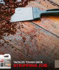 Heavy Duty Deck Stain And Coating Remover Kicks Out Stubborn Paint Polyurethane And Varnish In One Go With Zero Harsh Fumes For Flawless Wood Finishes In 1 Gallon Containers, usage during deck stripping, scrapers and debris visible.