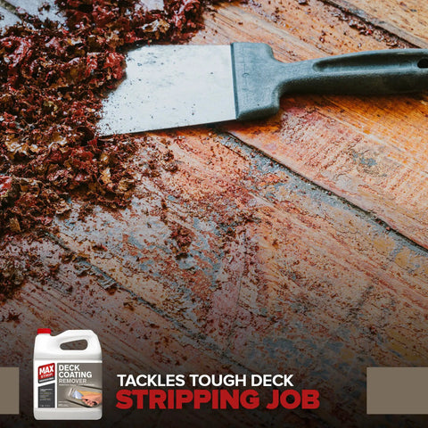 Heavy Duty Deck Stain And Coating Remover Kicks Out Stubborn Paint Polyurethane And Varnish In One Go With Zero Harsh Fumes For Flawless Wood Finishes In 1 Gallon Containers, usage during deck stripping, scrapers and debris visible.