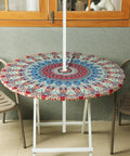 Two Pack Round Outdoor Tablecloths With Umbrella Hole Anti Wrinkle Polyester Hidden Zipper Elastic Edge Fit For 45 To 53 Inch Tables Mandala Design Perfect For Patio Hangouts Camping And Summer Parties shown on table with chairs