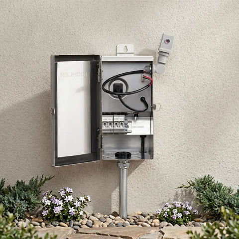 Open electrical box showing plug-in photocell lighting sensor for outdoor transformers auto dusk-to-dawn on off, easy setup