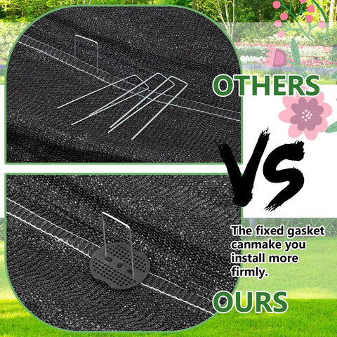 Comparison of metal staples versus 200 Pcs Landscape Staple Gasket Washers For Weed Barrier Fabric Lawn And Garden Yard Tents Black Sized At About Two Point Seven Six By Two Point Five Six Inches With Center Hole For Universal Fit Weatherproof Outdoor Use, showing installation effectiveness.