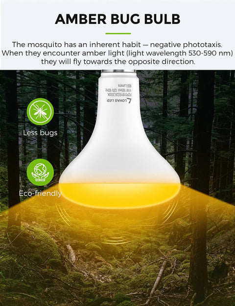 Illustration of Amber Outdoor Bug Light Bulbs 11W Actual, 65W Equivalent BR30 Bug Flood Lights illuminating a forest.