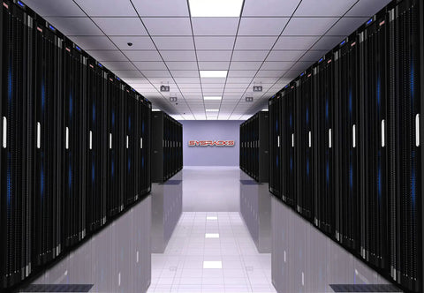 Slick 37U Floor Standing Server Rack With 24 Inch Deep Network Cabinet and Locking Mesh Door in a modern data center aisle.