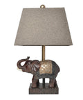 Festive Elephant Table Lamp In Brown With Gold Accent Resin Base And Brown Fabric Shade, Easy Reach Rotary Switch On Socket, 20 Inch Tall