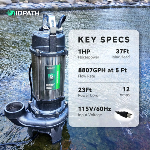 1 HP Submersible Sewage Pump With Auto Float Switch 115V 2 Inch NPT Discharge Stainless Casing in outdoor setting