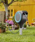 Automatic Retractable Garden Hose Reel With 50 Feet Of Easy Retracting Hose 360 Degree Swivel Metal Spike Base UV Resistant Housing