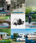 12V RV Water Pump Self Priming With 4 GPM At 45 PSI And Pressure Switch Plug And Play Kit With Hoses Debris Filter Manual Perfect For RVs Boats Marine Camping Yacht Or Garden Use in various settings like car washing, kitchens, and RVs.