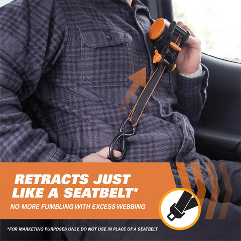 Person using Heavy Duty Retractable Ratchet Tie Down Straps One Inch By Ten Feet Five Hundred Pound in a vehicle.