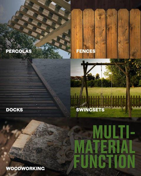 Assorted wood projects like pergolas, fences, docks, swing sets, and woodworking showcasing multi-material function.