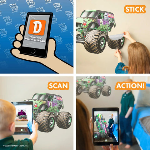 Grave Digger Monster Jam Wall Decal With 3D Augmented Reality Interaction Peel And Stick 28 Inch being applied and used on wall