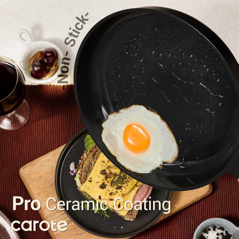 Nonstick Ceramic Cookware Set 16-Piece For Home And Camping Includes 9.5 Inch And 11 Inch Fry Pans with fried egg