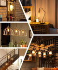 Collage of vintage Edison LED bulbs in fixtures showcasing 4 Pack Vintage Edison LED Bulbs 4W Filament With 60 Watt Equivalent T45 Style Non Dimmable Warm White 2700K E26 Base Energy Saving Durable Antique Look For Ceiling Fixtures Pendants And Lamps.