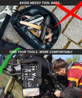 Compact Roll Up Motorcycle Tool Bag With MOLLE Strap mounted on motorcycle, organized tools visible, suitable for Harley Enduro Dirt Bike