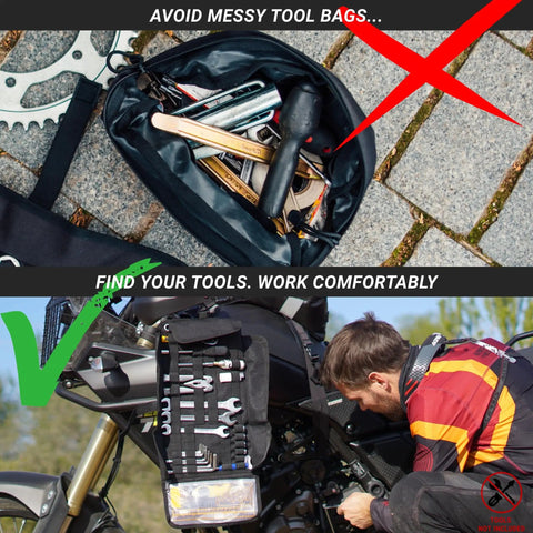 Compact Roll Up Motorcycle Tool Bag With MOLLE Strap mounted on motorcycle, organized tools visible, suitable for Harley Enduro Dirt Bike