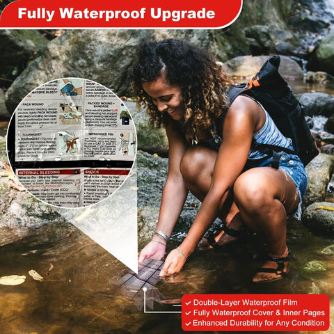 Pocket First Aid Guide For Everyday Carry EDC Waterproof Emergency Kit shown in use outdoors by a stream.