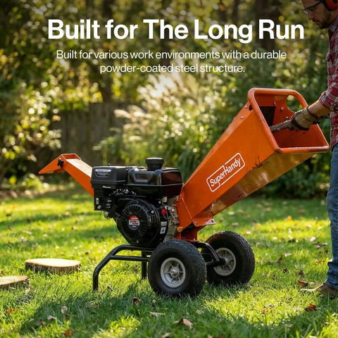 Wood Chipper Shredder Mulcher With 7HP Engine, Heavy Duty Compact Rotor Design, outdoor use in a yard setup