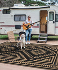 Reversible Waterproof Outdoor Rug 5x8 Ft For Patio Deck Porch RV Beach And Backyard With Black And Brown Geometric Pattern