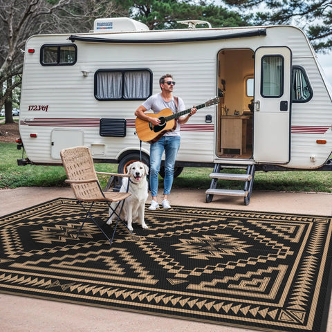 Reversible Waterproof Outdoor Rug 5x8 Ft For Patio Deck Porch RV Beach And Backyard With Black And Brown Geometric Pattern