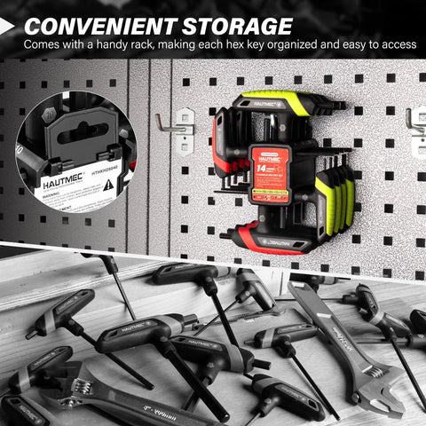 14 Piece T Handle Allen Wrench Set With SAE And Metric Hex Keys Beefy High Torque CR V Steel Hex Key Set on pegboard and table